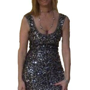 GUESS SEXY Silver & Black Sequin Sparkle Scoop Neck Dress w/V-Neck Back 2 NWOT